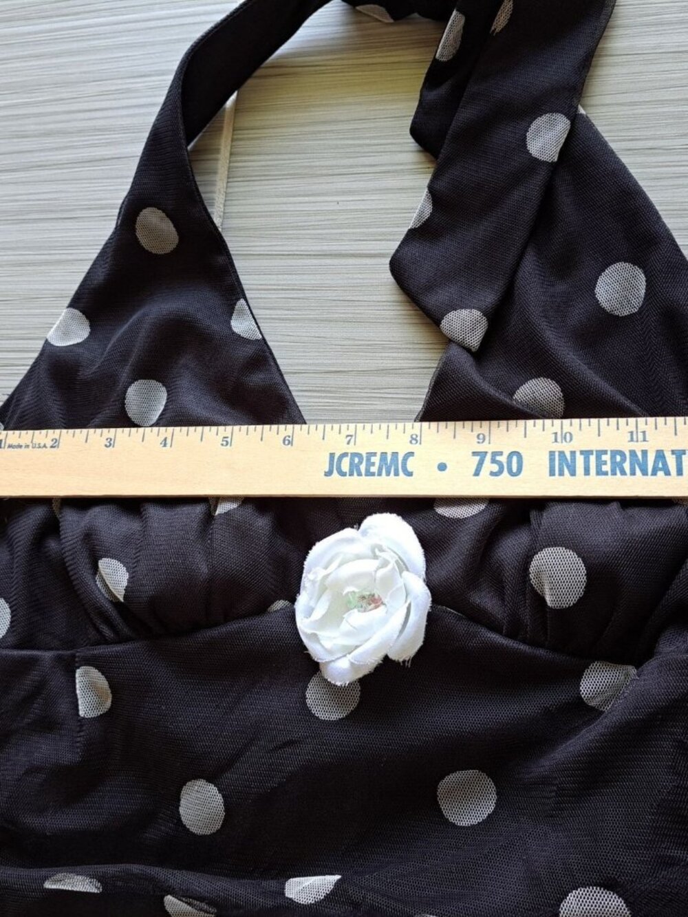 Vtg Ruby Rox Black Polka Dot Halter Dress W/ White Flower Applique L Rockabilly - Picture 10 of 13
